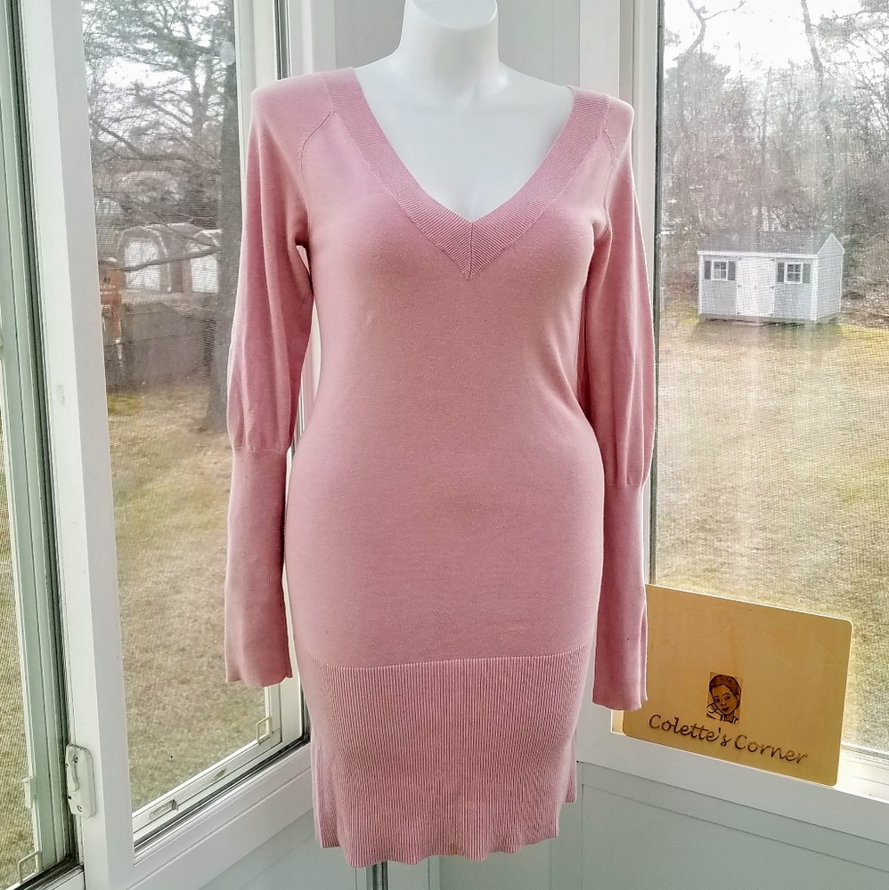Guess Dolman Sleeve V-Neck Midi Pink Ribbed Sweater Dress